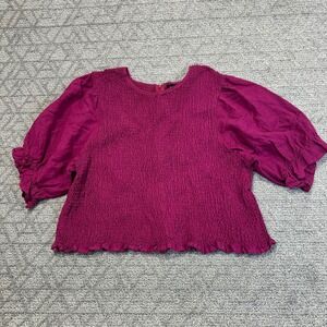 Ashley Stewart Smocked L‎ Puff Sleeve Top Blouse Magenta Womens